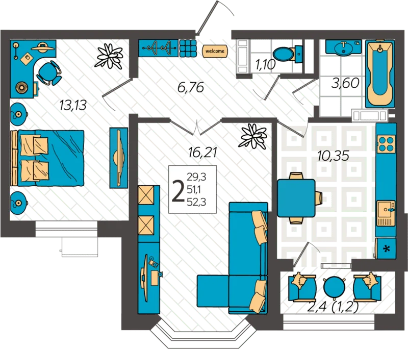 Планировка двухкомнатной квартиры Аванта площадью 52,3 м²