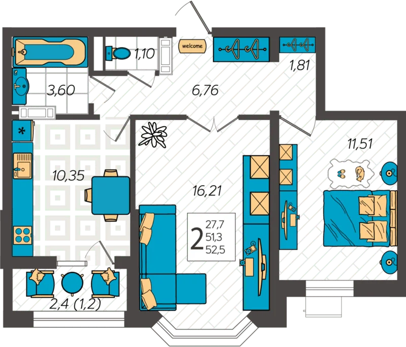 Планировка двухкомнатной квартиры Аванта площадью 52,5 м²