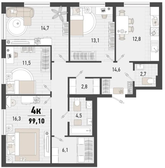 Планировка 4-комнатной квартиры 99,1 м² в литере 3В ЖК «Барса»