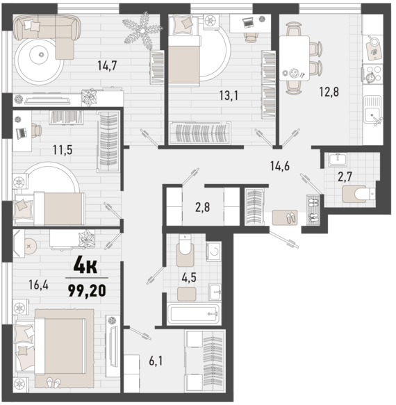 Планировка 4-комнатной квартиры 99,2 м² в литере 3В ЖК «Барса»