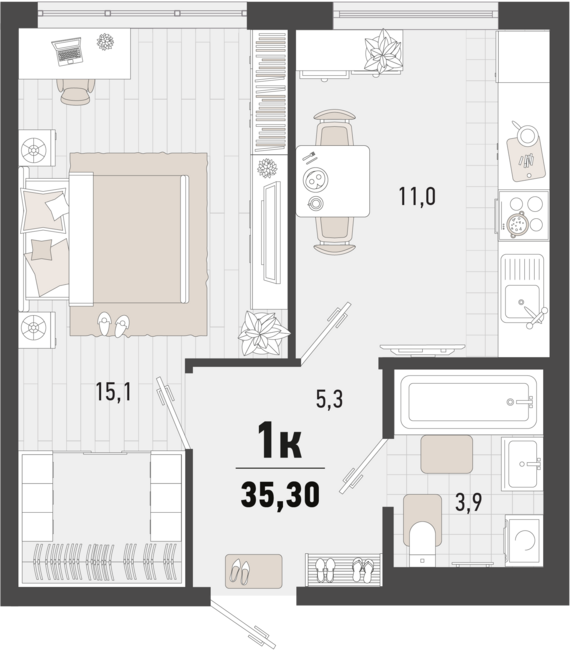 Планировка 1-комнатной квартиры 35,3 м² в литере 2В ЖК «Барса»