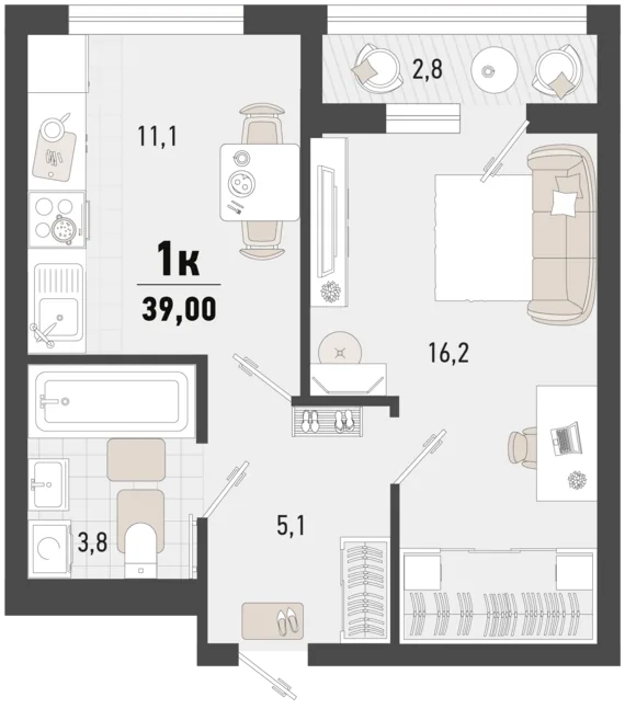 Планировка 1-комнатной квартиры 39 м² в литере 4В ЖК «Барса»