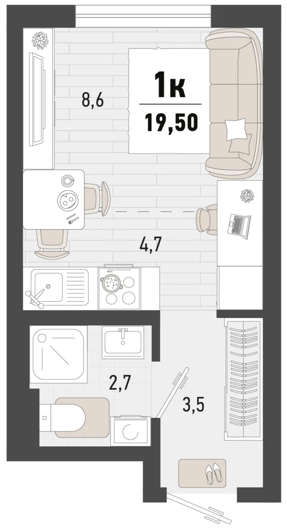 Планировка студии 19,5 м² в литере 3В ЖК «Барса»