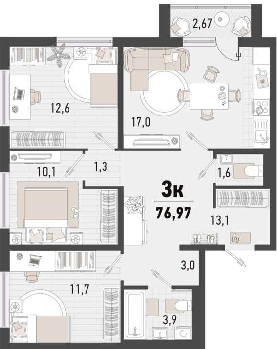 Планировка 3-комнатной квартиры 76,97 м² в литере 1В ЖК «Барса»