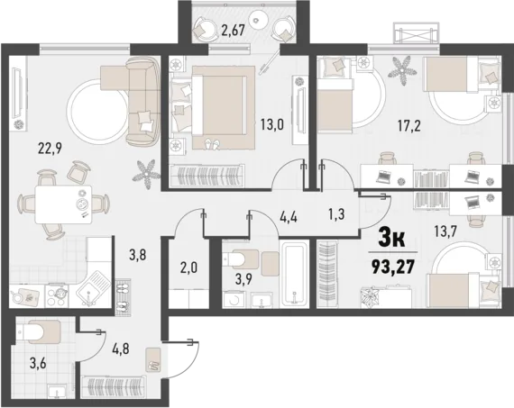 Планировка 3-комнатной квартиры 93,27 м² в литере 1В ЖК «Барса»