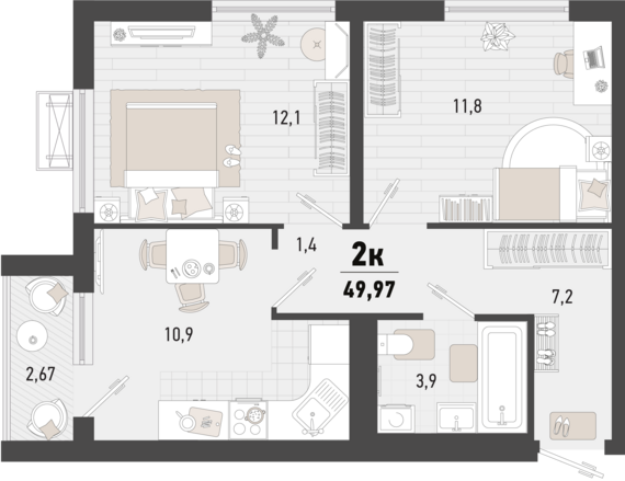Планировка 2-комнатной квартиры 49,97 м² в литере 1В ЖК «Барса»