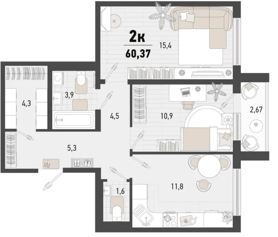 Планировка 2-комнатной квартиры 60,37 м² в литере 2В ЖК «Барса»