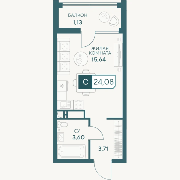 Планировка студии в комплексе Центральный площадью 24,1 м²