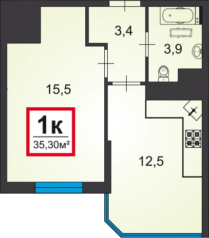 Планировка однокомнатной квартиры в комплексе Черное море площадью 35,3 м²