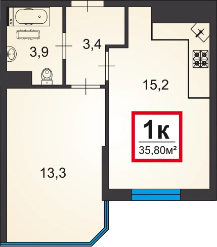 Планировка однокомнатной квартиры в комплексе Черное море площадью 35,8 м²
