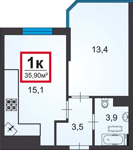 Планировка однокомнатной квартиры в комплексе Черное море площадью 35,9 м²