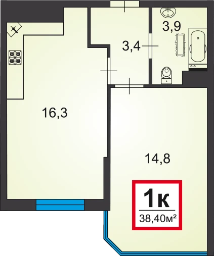 Планировка однокомнатной квартиры в комплексе Черное море площадью 38,4 м²