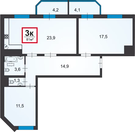 Планировка трёхкомнатной квартиры в комплексе Черное море площадью 81 м²