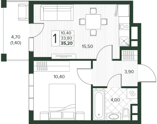 Планировка однокомнатной квартиры Кипарис площадью 35,2 м²