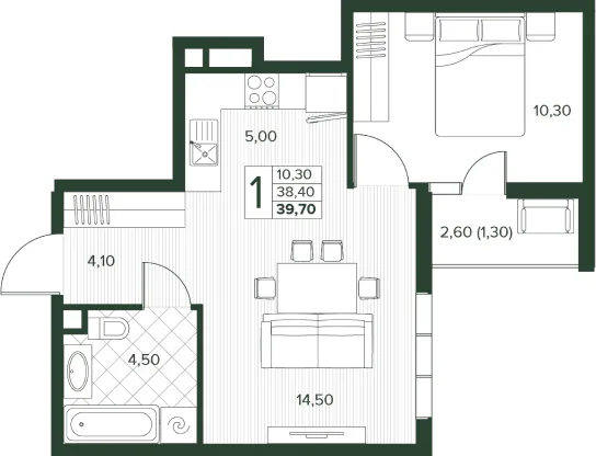 Планировка однокомнатной квартиры Кипарис площадью 39,7 м²