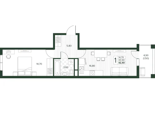 Планировка однокомнатной квартиры Кипарис площадью 42,4 м²