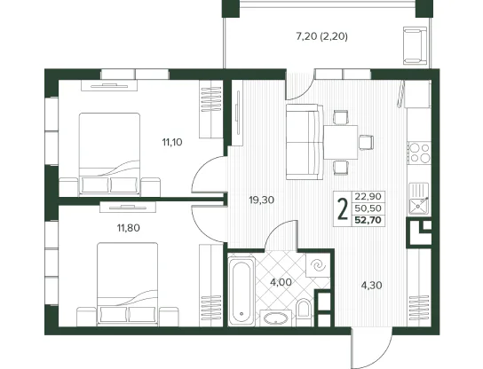 Планировка двухкомнатной квартиры Кипарис площадью 52,7 м²