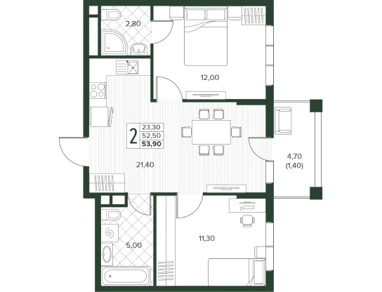 Планировка двухкомнатной квартиры Кипарис площадью 53,9 м²