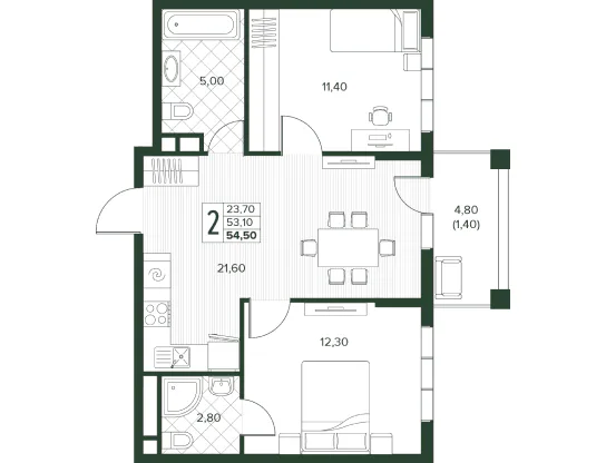 Планировка двухкомнатной квартиры Кипарис площадью 54,5 м²