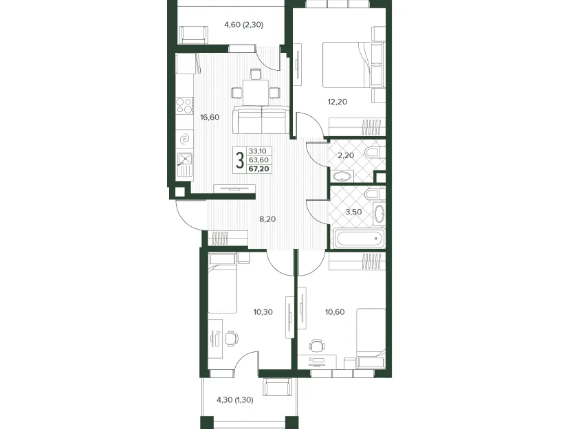 Планировка трёхкомнатной квартиры Кипарис площадью 67,2 м²