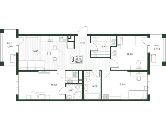 Планировка трёхкомнатной квартиры Кипарис площадью 85,3 м²