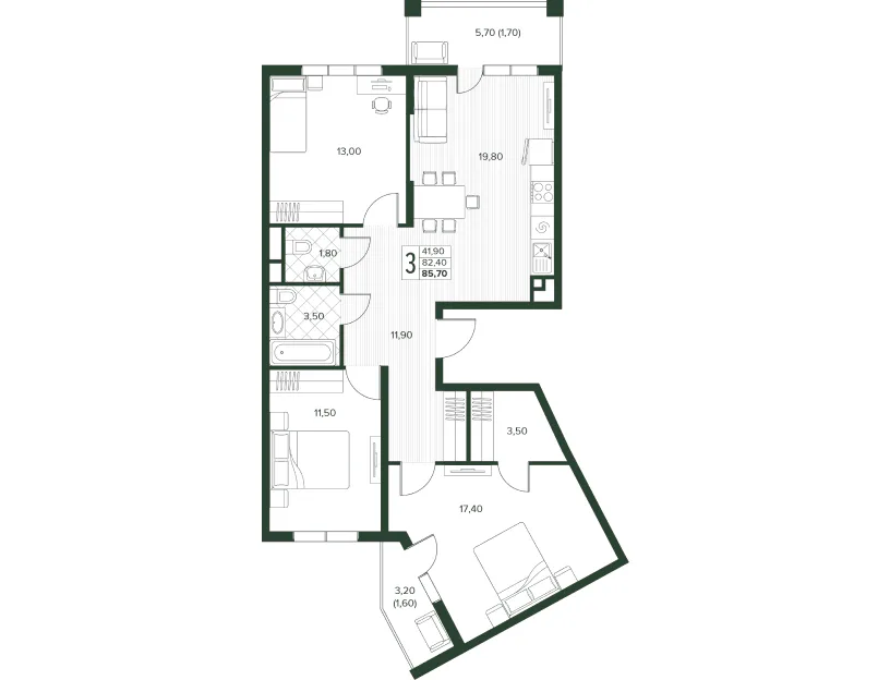 Планировка трёхкомнатной квартиры Кипарис площадью 85,7 м²