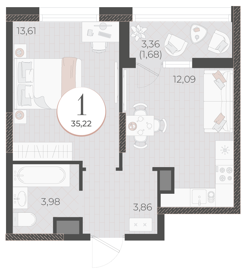 Планировка: 1-комнатная 35,22 м² в ЖК Моренуар