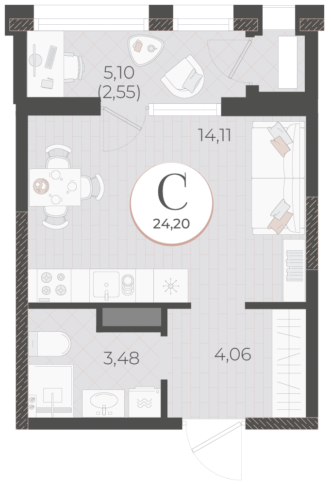 Планировка: студия 24,2 м² в ЖК Моренуар