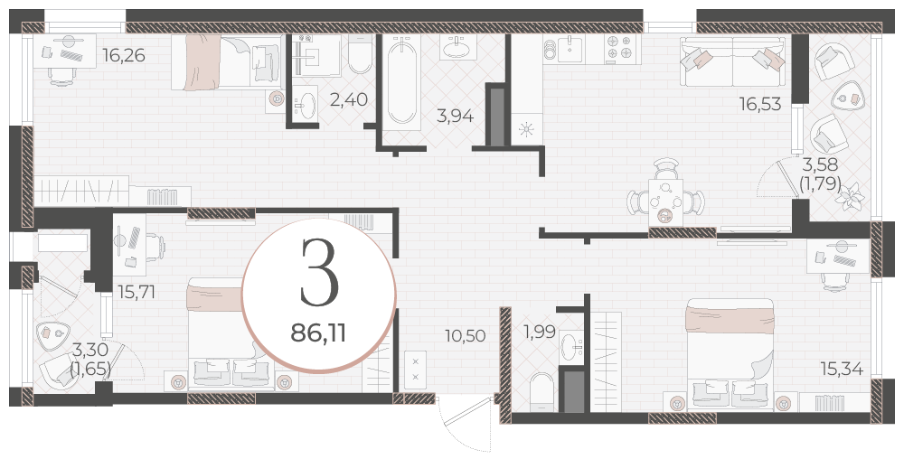 Планировка: 3-комнатная 86,11 м² в ЖК Моренуар