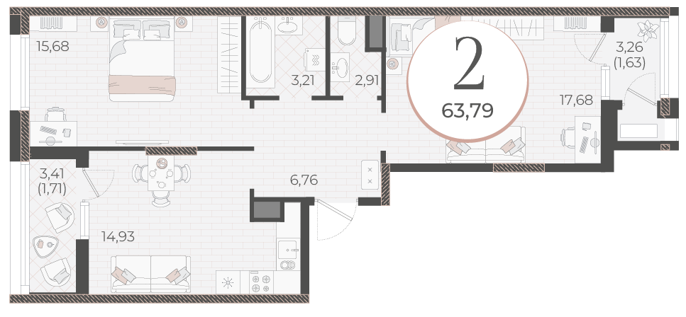 Планировка: 2-комнатная 63,79 м² в ЖК Моренуар