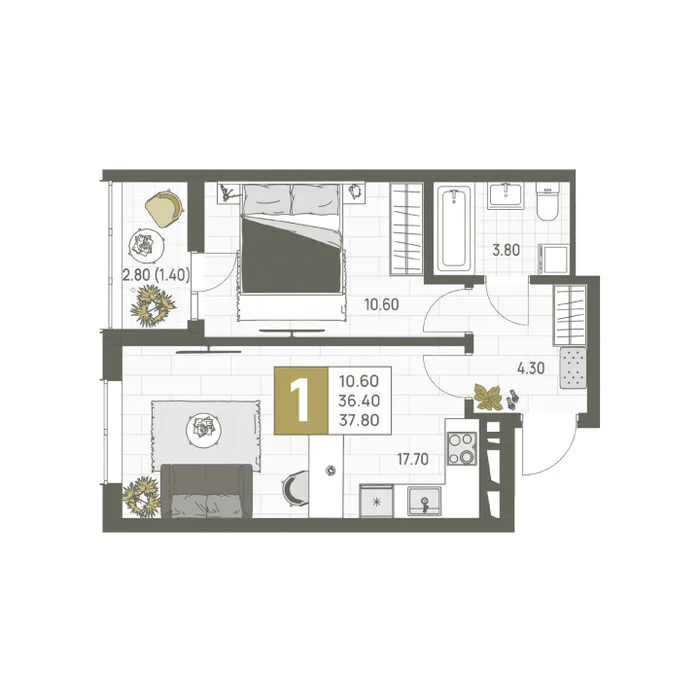 Планировка однокомнатной квартиры На Высоком берегу площадью 37,8 м²