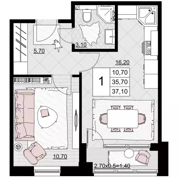 Планировка однокомнатной квартиры в комплексе Песчаный площадью 37,1 м²