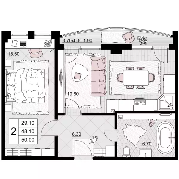 Планировка двухкомнатной квартиры в комплексе Песчаный площадью 50 м²
