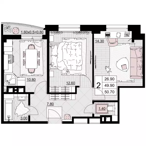 Планировка двухкомнатной квартиры в комплексе Песчаный площадью 50,7 м²