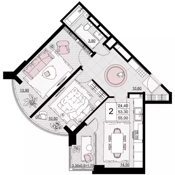 Планировка двухкомнатной квартиры в комплексе Песчаный площадью 55 м²