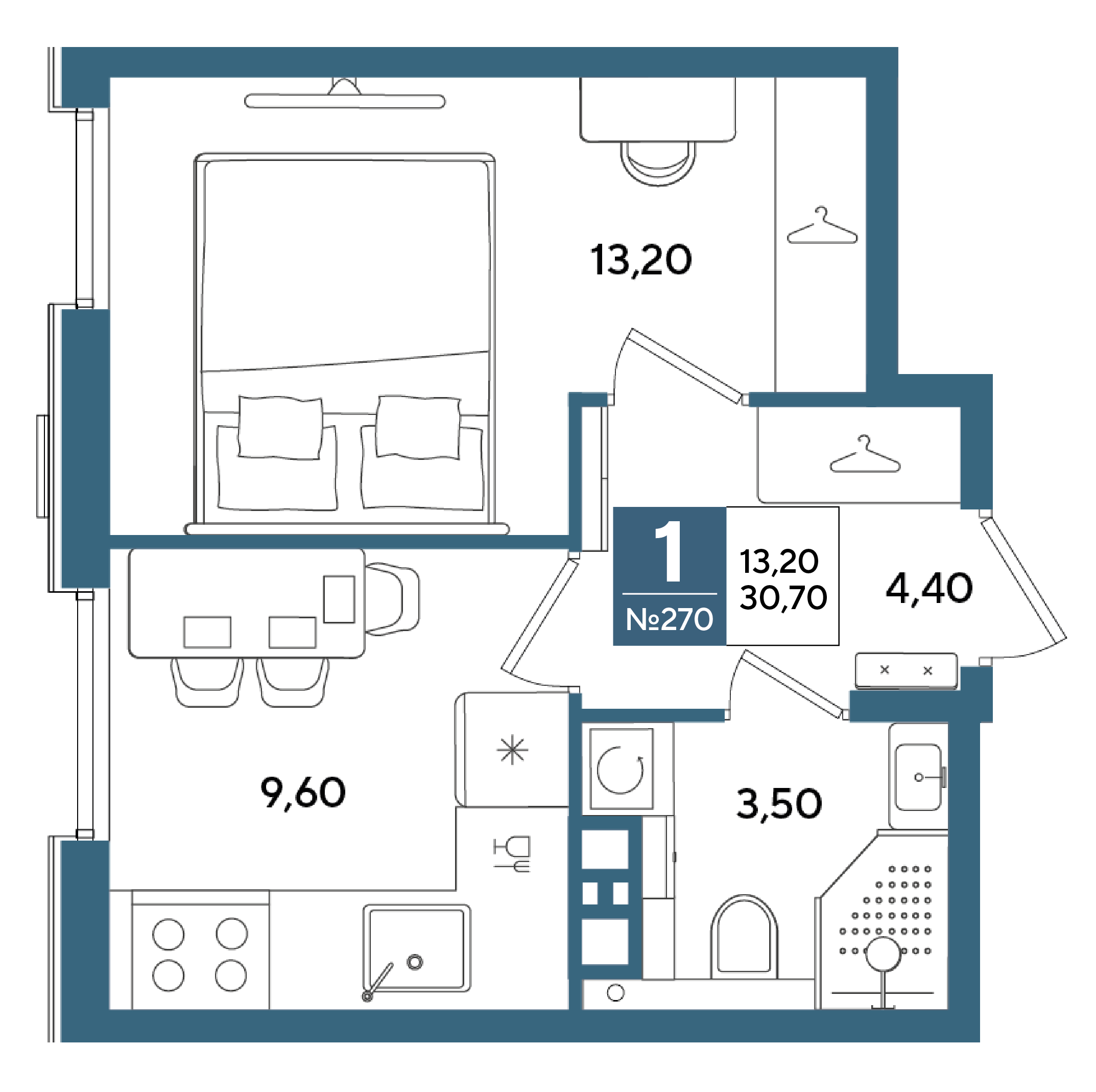 Планировка: 1-комнатная 30,7 м² в ЖК Порто Ново
