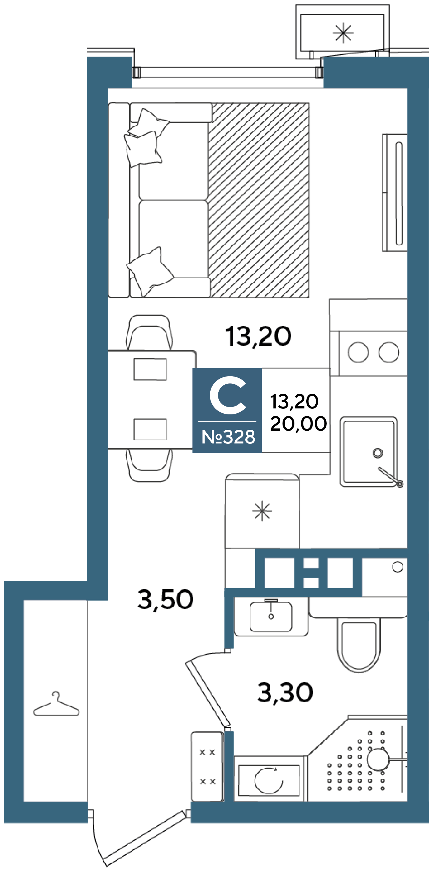 Планировка: студия 20 м² в ЖК Порто Ново