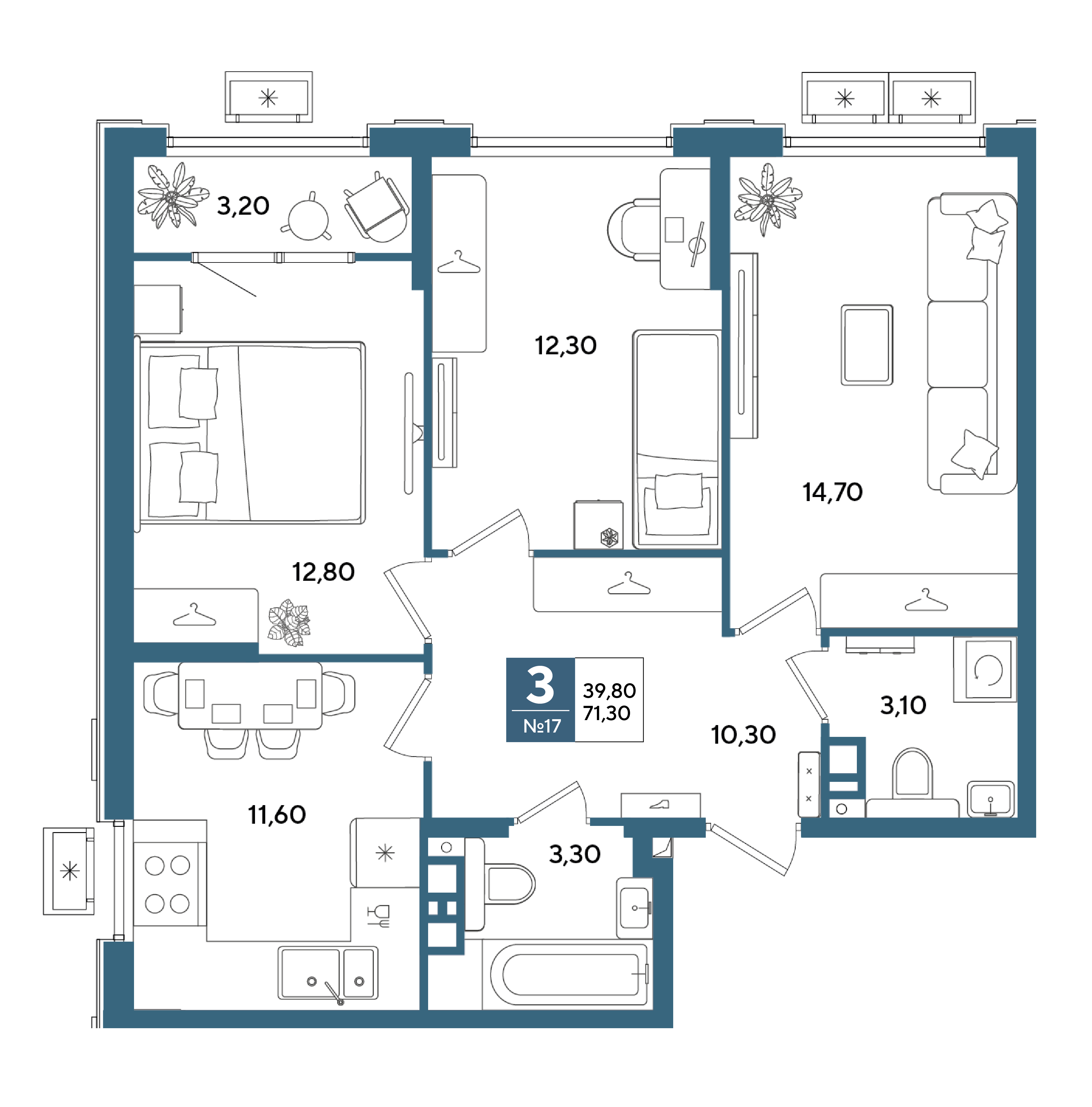 Планировка: 3-комнатная 71,3 м² в ЖК Порто Ново