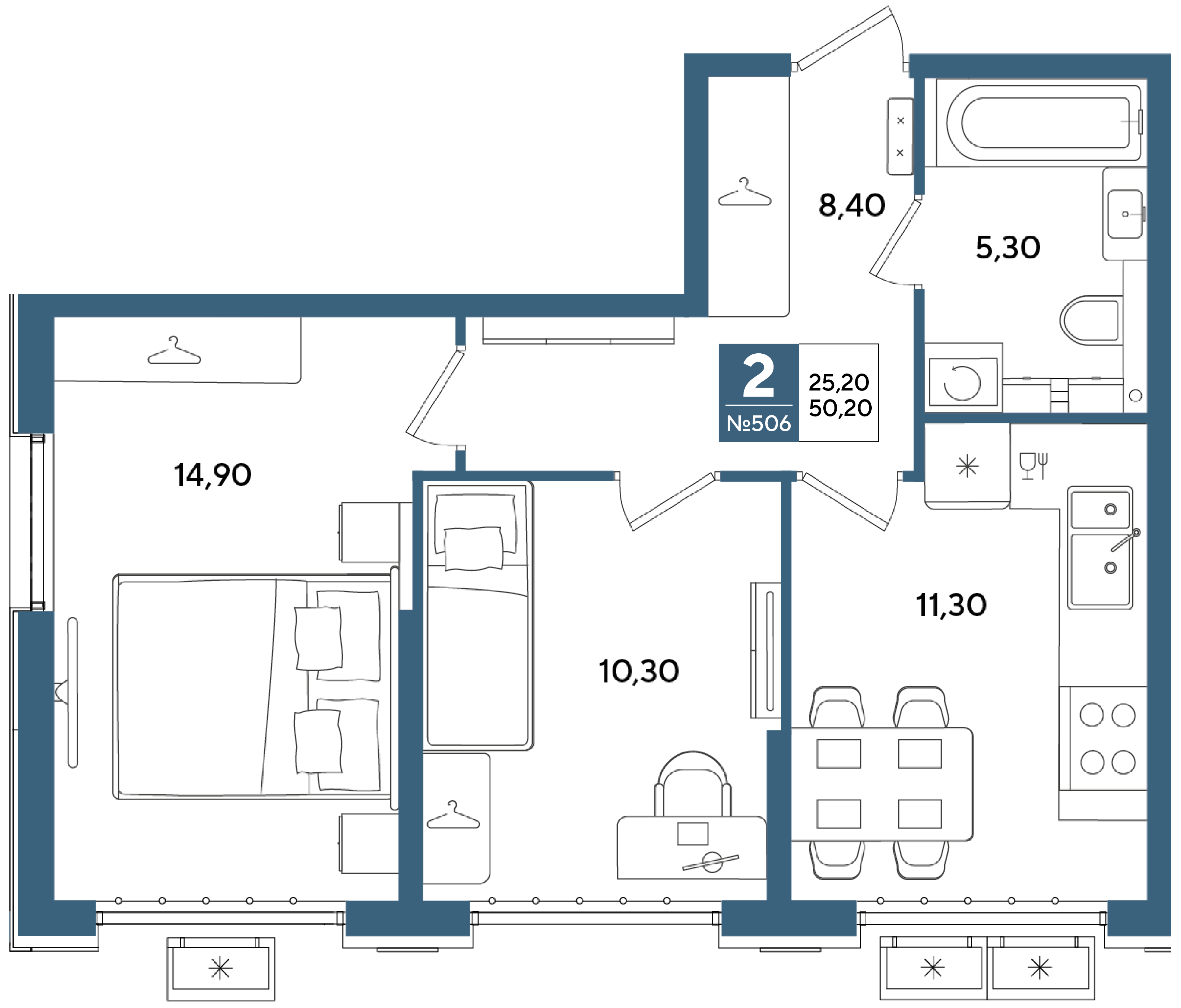 Планировка: 2-комнатная 50,2 м² в ЖК Порто Ново