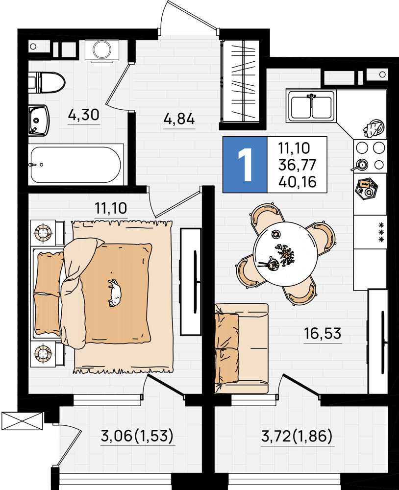 Планировка: 1-комнатная 40,16 м² в ЖК «Резиденция морей»