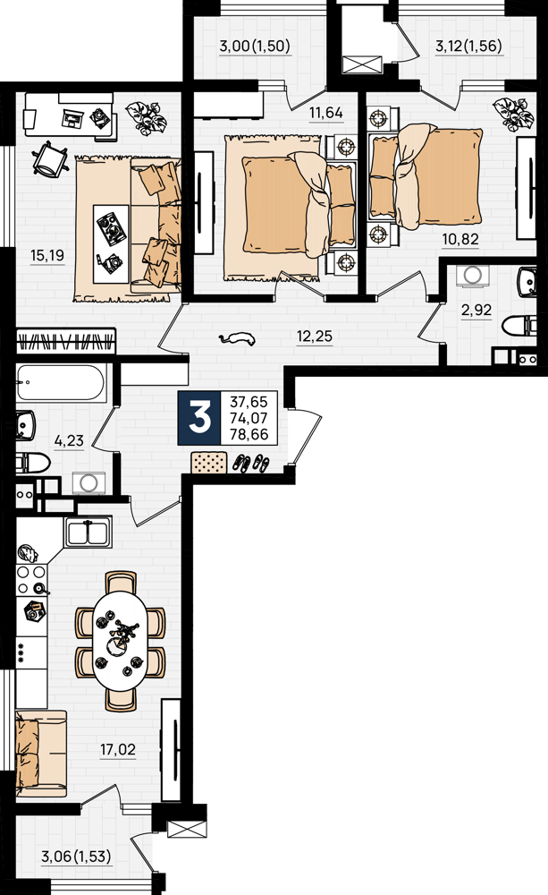 Планировка: 3-комнатная 78,66 м² в ЖК «Резиденция морей»