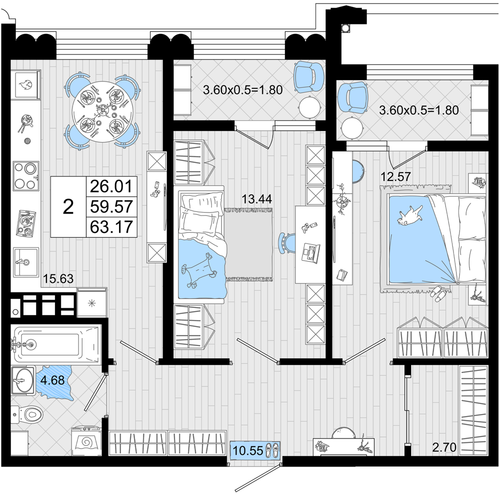 Планировка: 2-комнатная 63,17 м² в ЖК «Резиденция морей»