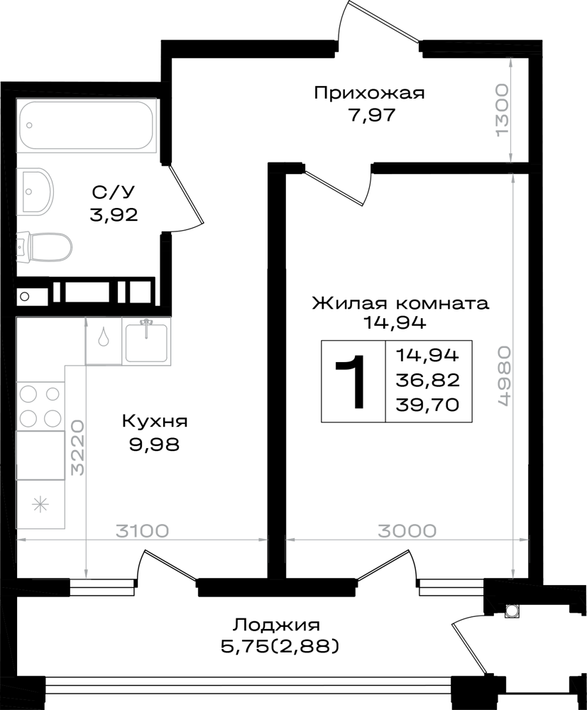 Планировка: 1-комнатная 39,7 м² в ЖК Южно