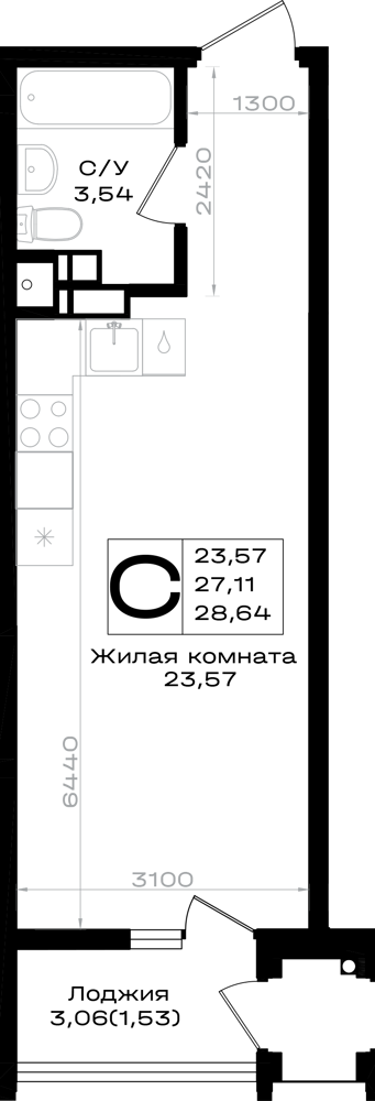 Планировка: студия 28,64 м² в ЖК Южно