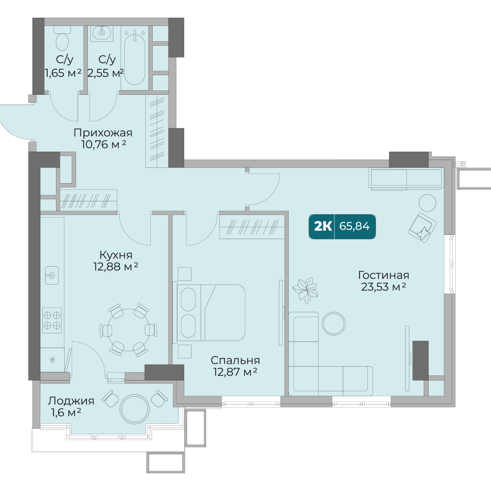 Планировка: 2-комнатная 65,84 м² в ЖК Золотой берег